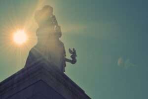 architecture, building, nature, infrastructure, blue, sky, blue sky, clouds, church, cathedral, statue, archangel